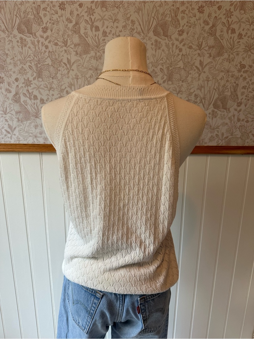 Vintage Ivory Pointelle Knit Sleeveless Top – Approx. Medium / Oversized Small - Picture 7 of 8